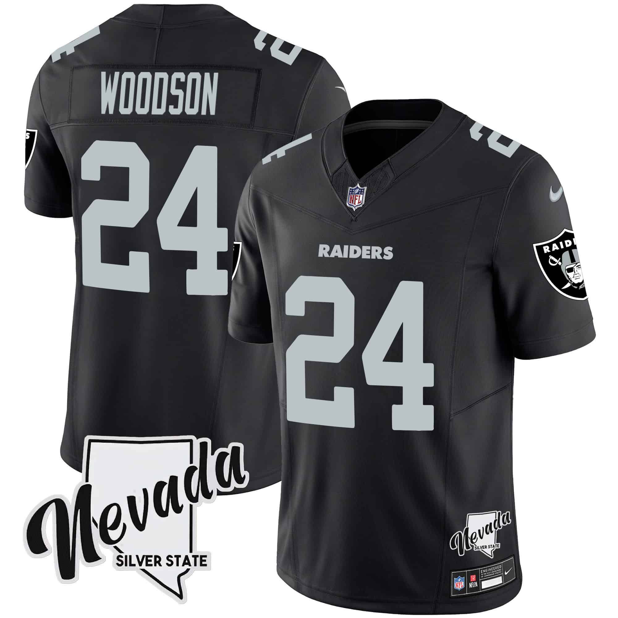 Men Oakland Raiders #24 Woodson Black 2024 Nike Nevada Silver State Patch Vapor NFL Jersey style 1